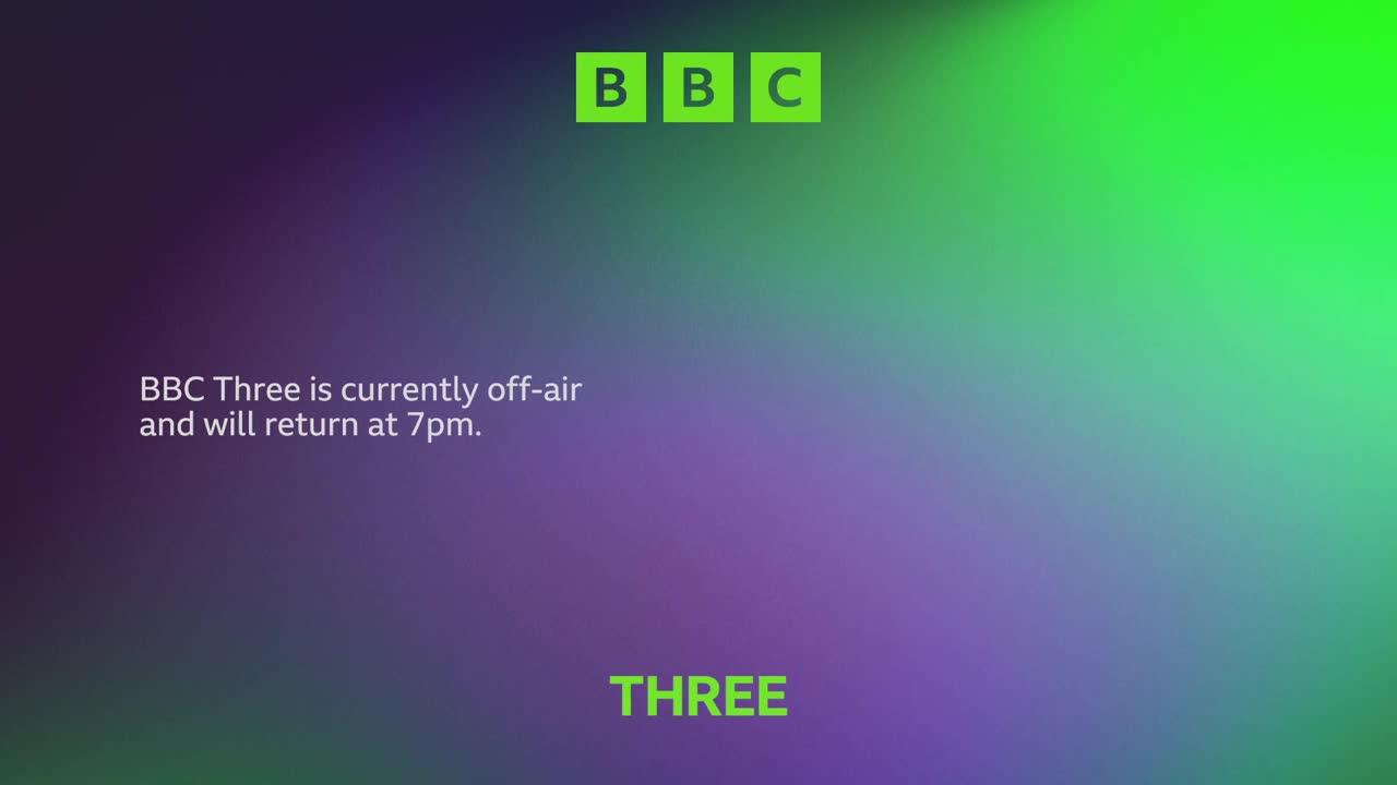 A gradient of green and purple fills the screen, with the BBC logo in the top corner. The message says BBC Three is off-air and will be back at 7 p.m.
