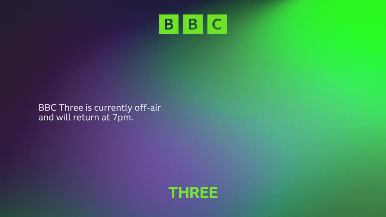 A gradient of purple and green fills the screen, with the BBC logo in the top corner. The text explains that BBC Three is currently off-air, and will be back at 7 pm.
