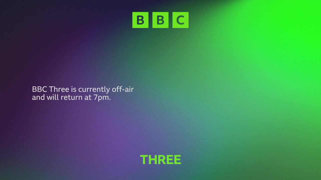 A gradient of purple and green fills the screen, with the BBC logo in the upper corner. The text explains that BBC Three is off-air and will be back at 7 pm.
