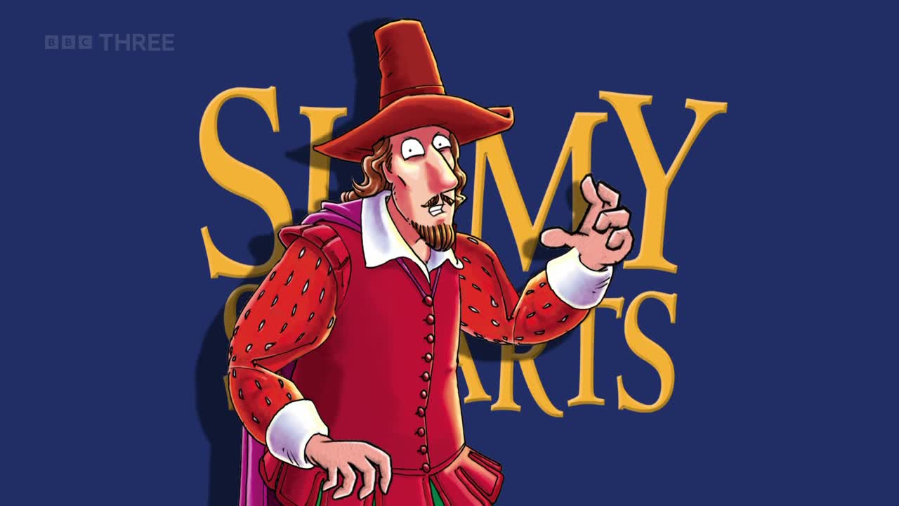 A cartoon man in a red outfit gestures with one hand, his expression wide-eyed. The BBC Three logo sits in the corner, with "Slimey Hearts" in the background.
