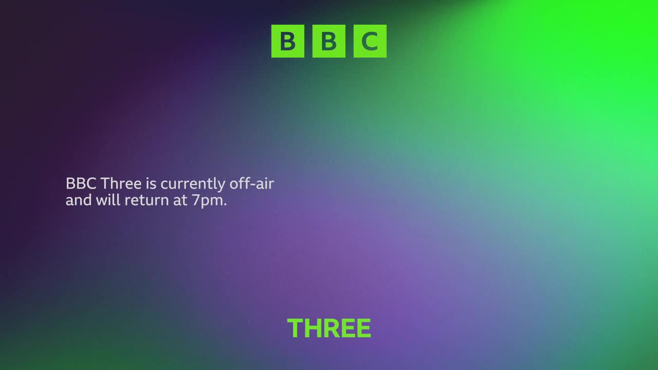 A gradient of purple and green fills the screen, with the BBC logo in the top corner. The message confirms BBC Three is off-air until 7 pm.
