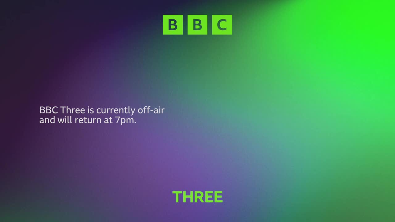 A gradient of purple and green fills the screen, with the BBC logo in the top corner. The channel, BBC Three, is currently off-air, but it says it'll be back at 7 pm.
