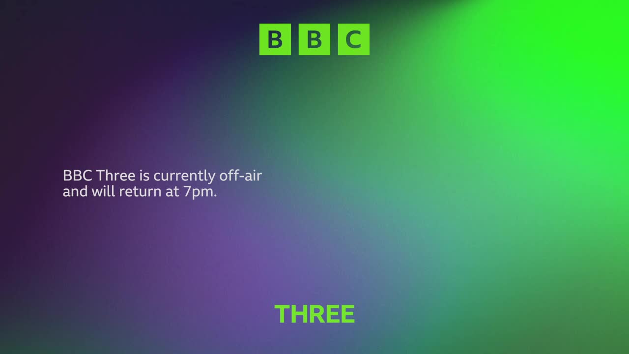 A gradient of purple and green fills the screen, with the BBC logo in the top corner.  Text informs viewers that BBC Three is off-air and will be back at 7 p.m.
