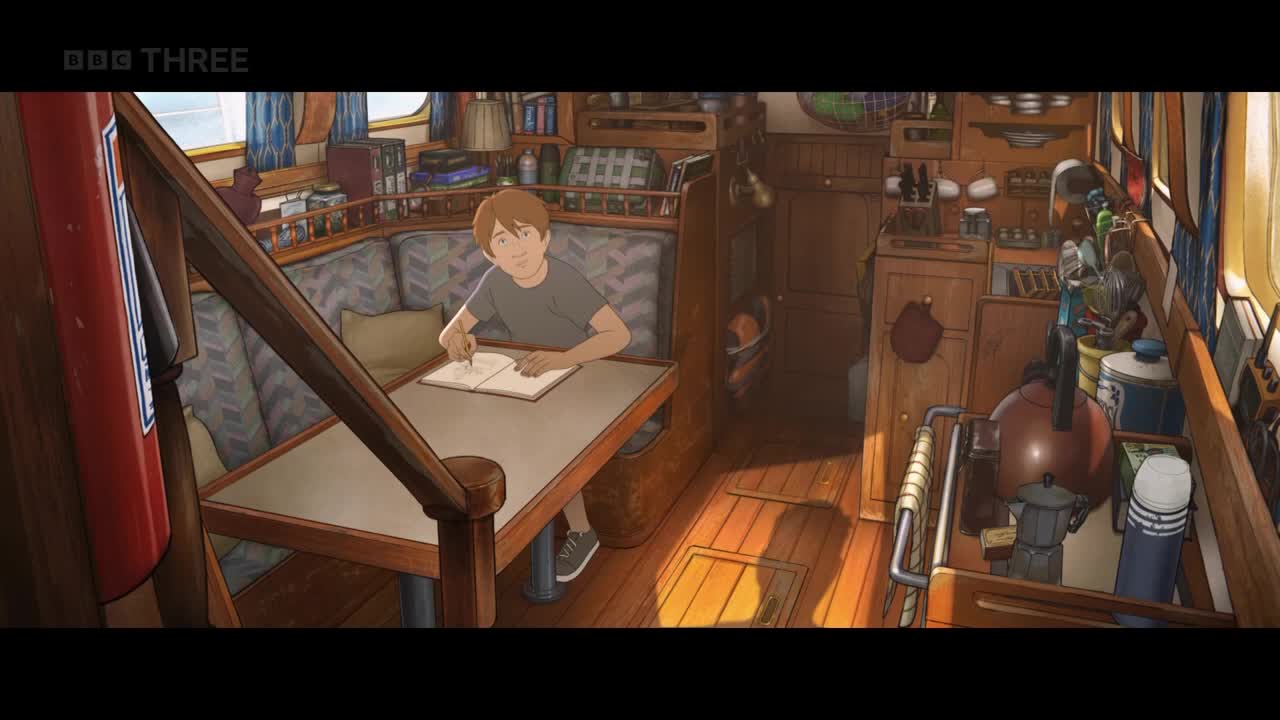 A young man sits at a table, focused on writing in a notebook. The scene is inside a boat, with a cozy, lived-in feel.
A young man sits at a table, focused on writing in a notebook. The scene is inside a boat, with a cozy, lived-in feel.