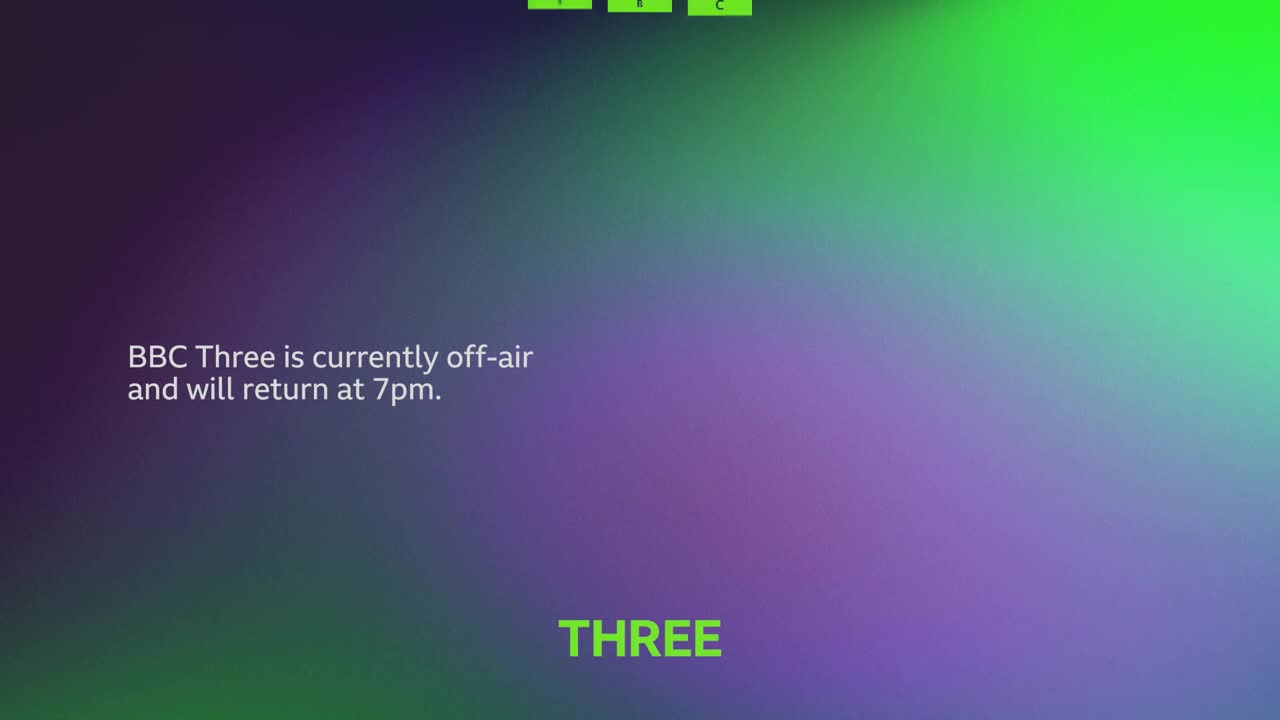 The BBC Three screen is a gradient of green and purple. A simple message announces the channel is off-air, with a return time of 7 p.m.
The BBC Three screen is a gradient of green and purple. A simple message announces the channel is off-air, with a return time of 7 p.m.