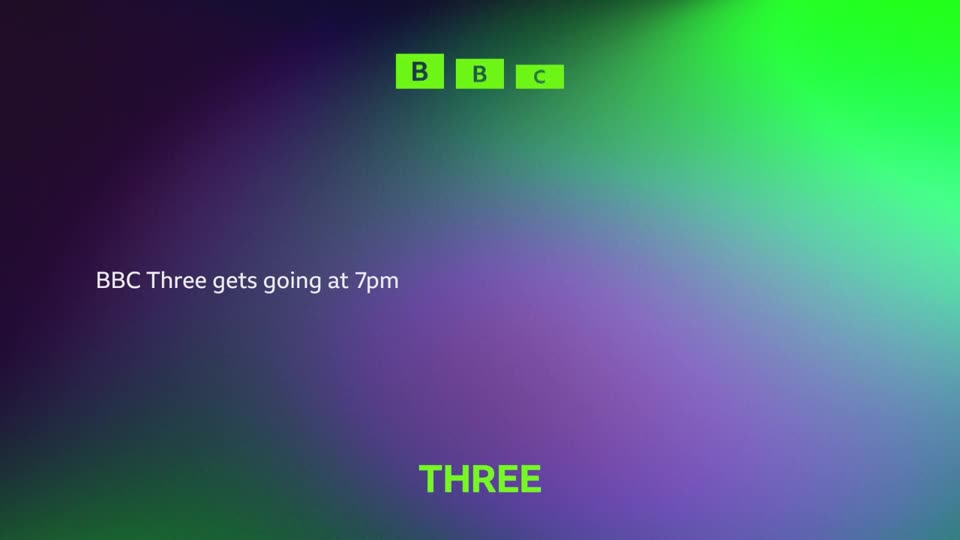 The BBC Three logo appears in green boxes at the top, followed by text announcing the channel's start time. A large green "THREE" sits at the bottom of the screen.