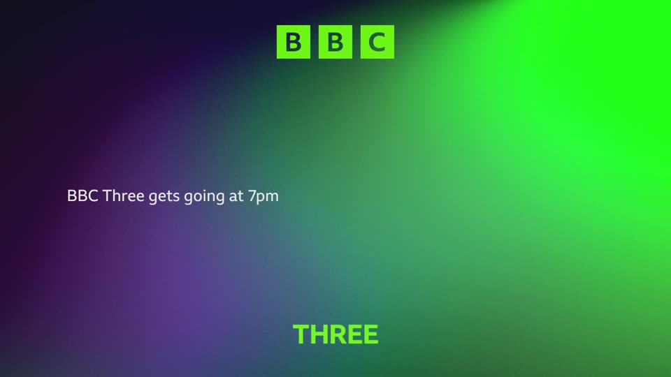 The BBC logo appears in green squares at the top.  Text announces "BBC Three gets going at 7pm" against a purple and green gradient.