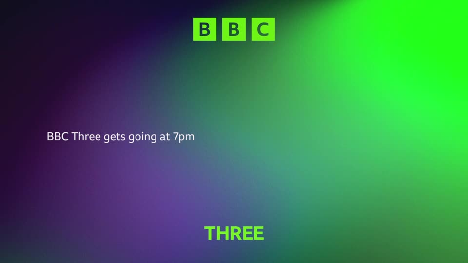 The BBC Three logo glows green against a shifting purple and green background. Text announces, "BBC Three gets going at 7pm." The BBC Three logo glows green against a shifting purple and green background. Text announces, "BBC Three gets going at 7pm."