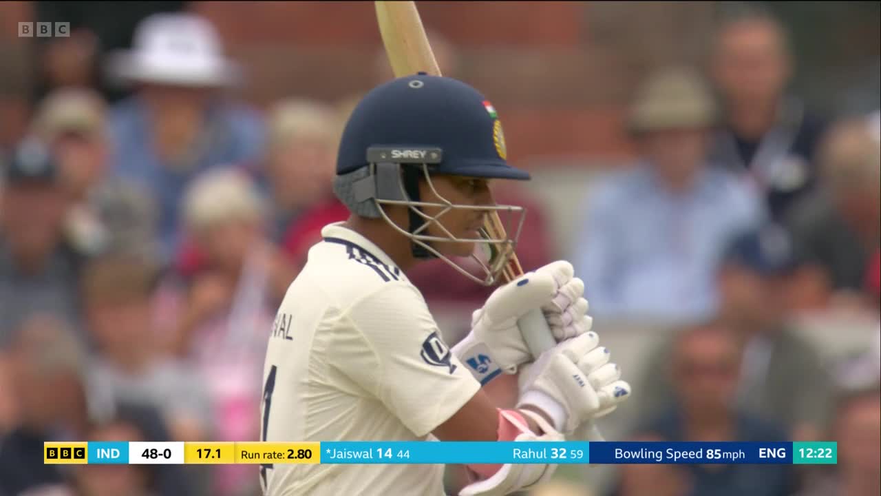 The batsman, wearing a navy helmet, grips his bat tightly, ready to face the next delivery. The BBC Two broadcast shows the score, with India at 48 for 0.
