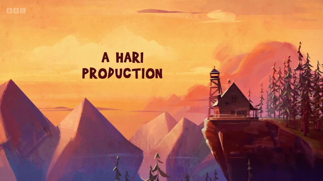 The BBC Two logo sits in the corner as the "A HARI PRODUCTION" title card appears. A cabin and watchtower perch on a cliffside, silhouetted against a sunset.
