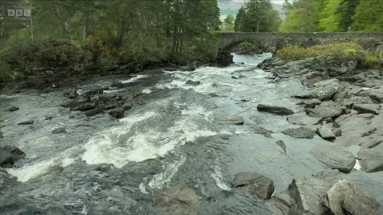 The water rushes over rocks, creating white foam as it flows under a stone bridge. Lush greenery lines the banks of the river, a scene reminiscent of the UK.
