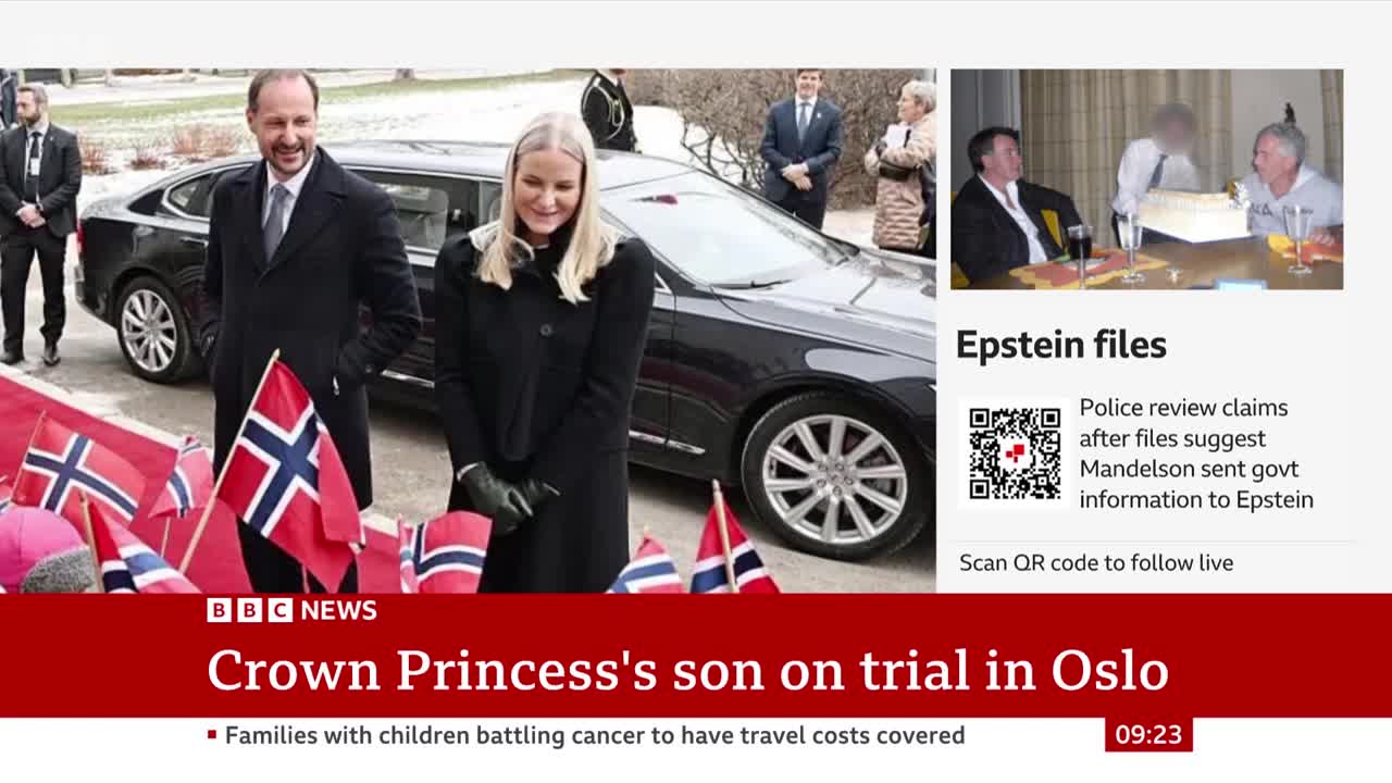 A man and woman in dark coats stand beside a car, surrounded by Norwegian flags. On the right, a news ticker from BBC Two announces "Crown Princess's son on trial in Oslo."