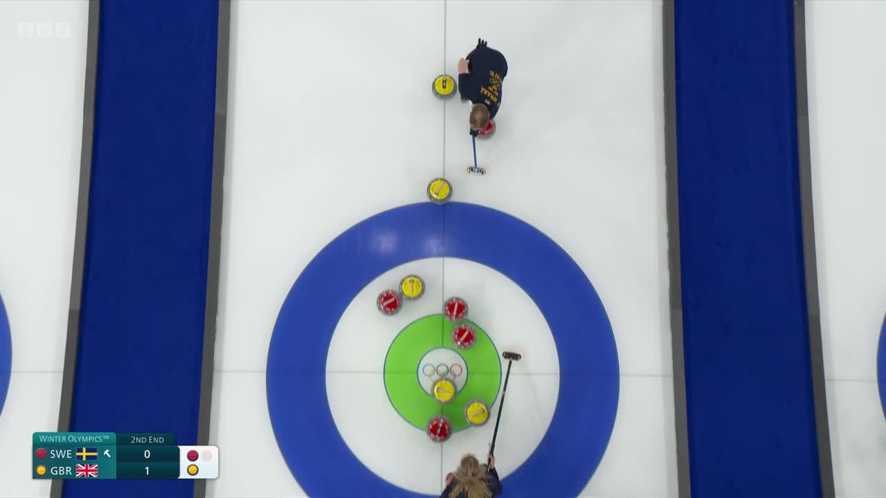 A curler in a yellow shirt slides a stone down the ice, aiming for the house. Another curler, wearing a dark top, sweeps in front of a red stone already in play.