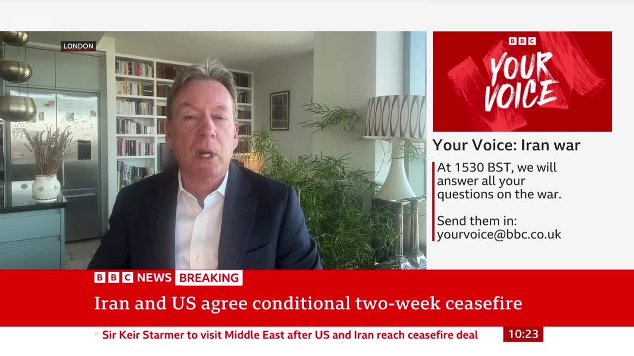 A man in a suit speaks directly to the camera, with a BBC News ticker scrolling below him. The "Your Voice" segment on the right invites questions about the Iran war.