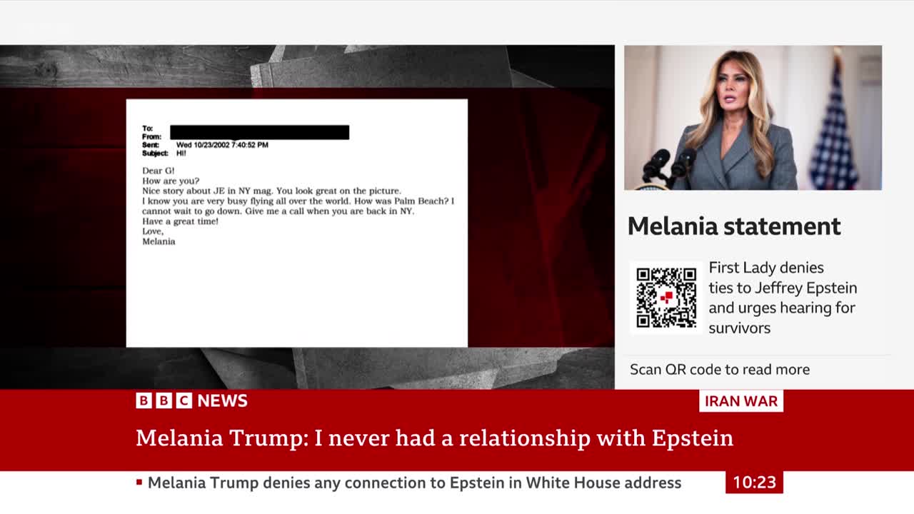 A BBC News broadcast displays an email from Melania and a statement from the First Lady. The screen shows a headline about Melania Trump's relationship with Epstein.