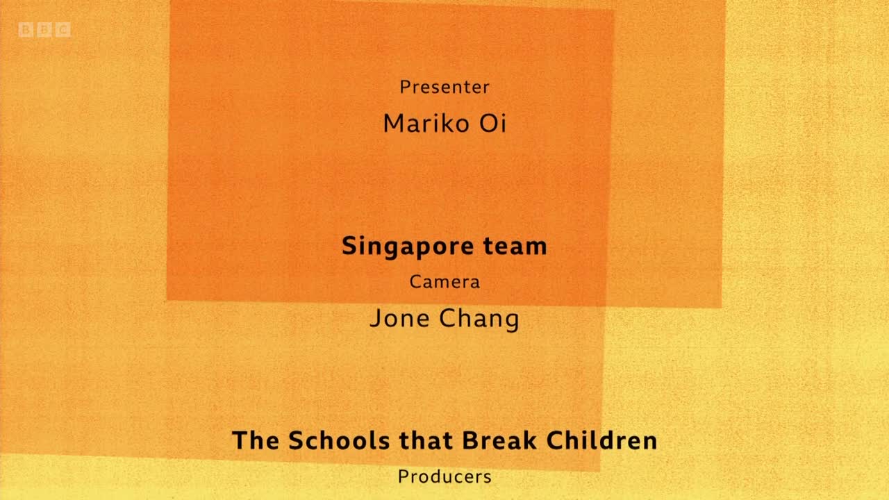 The BBC Two programme "The Schools that Break Children" is ending. Mariko Oi presented this, with Jone Chang on camera.