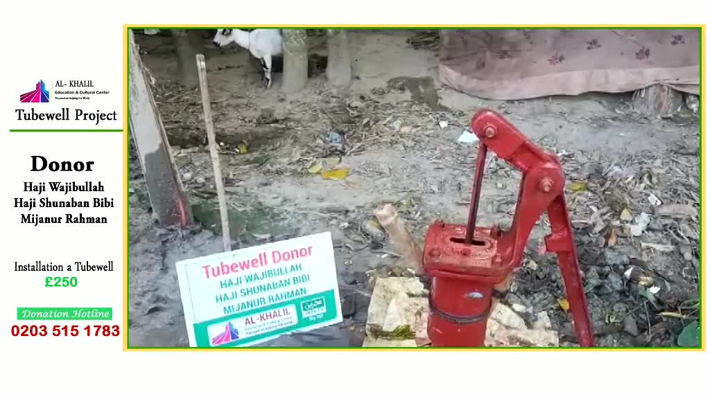 A red hand pump stands ready, next to a sign detailing the donors of the tubewell project. A goat wanders in the background, near a makeshift shelter.
