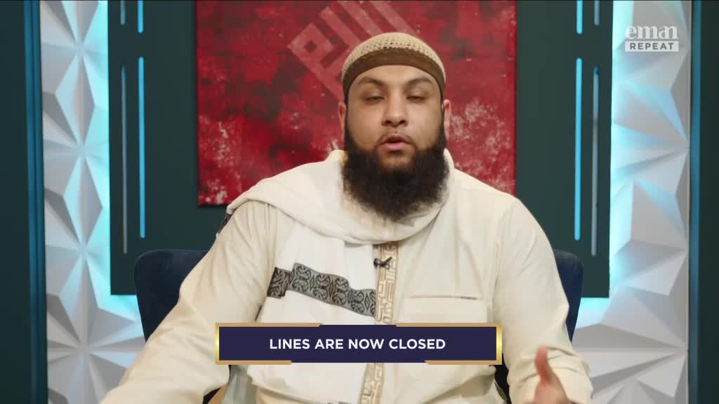 A man in a white robe and skullcap is seated, speaking directly to the camera. A banner across the bottom of the screen reads "LINES ARE NOW CLOSED."
