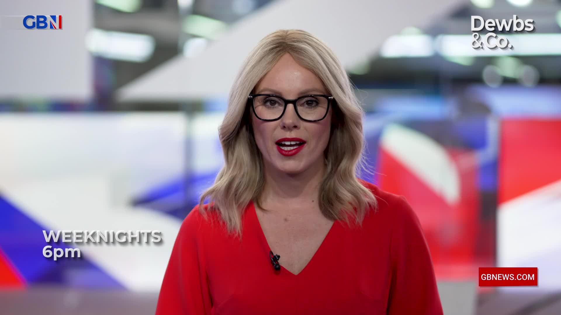 A woman in a red top and glasses is speaking directly to the camera, her mouth open as if mid-sentence. The GB News logo and "Weeknights 6pm" are visible on the screen behind her.
