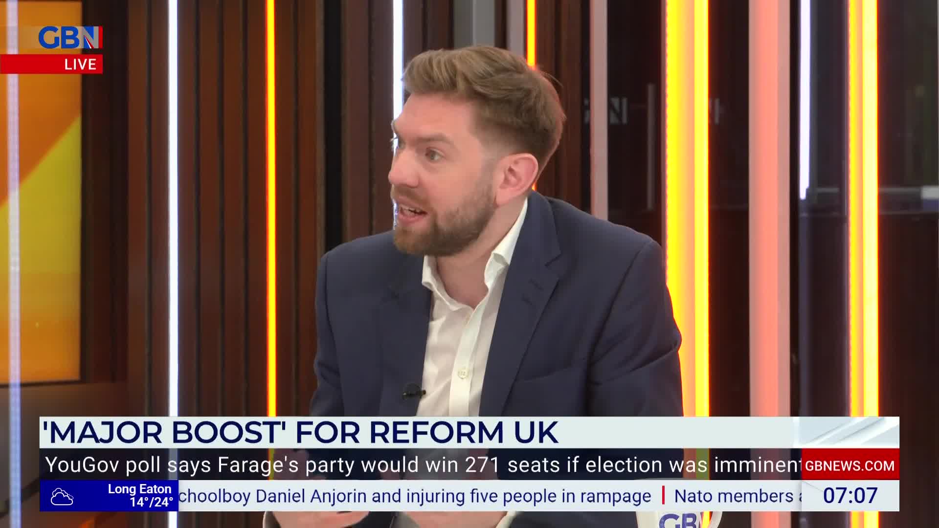 A man in a blue blazer is speaking on GB News, gesturing with his hands. The lower third of the screen displays a headline about Reform UK and a YouGov poll.
