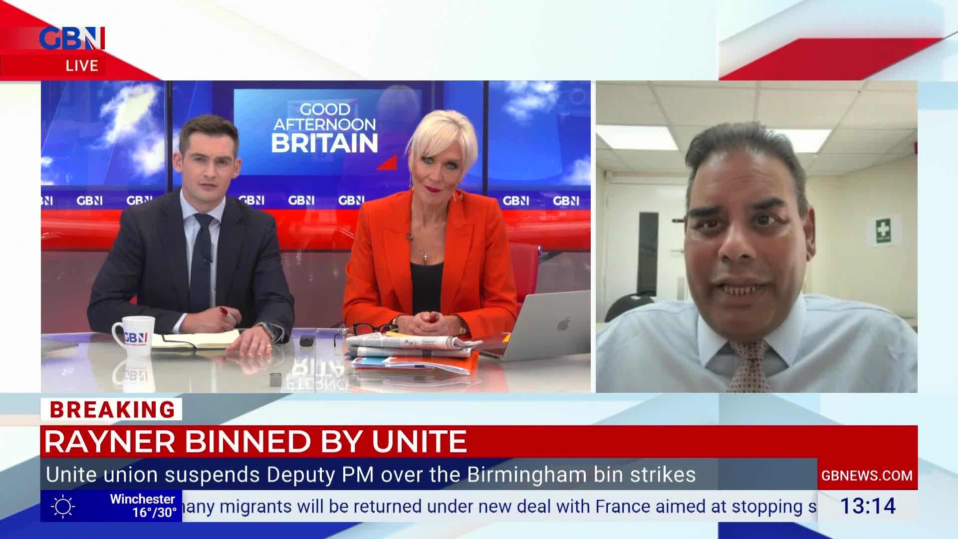On GB News, the presenters are in the studio, while a man on the right, likely an interviewee, speaks from what appears to be a plain office setting. The chyron at the bottom of the screen focuses on a political story concerning a Deputy PM and a union.
