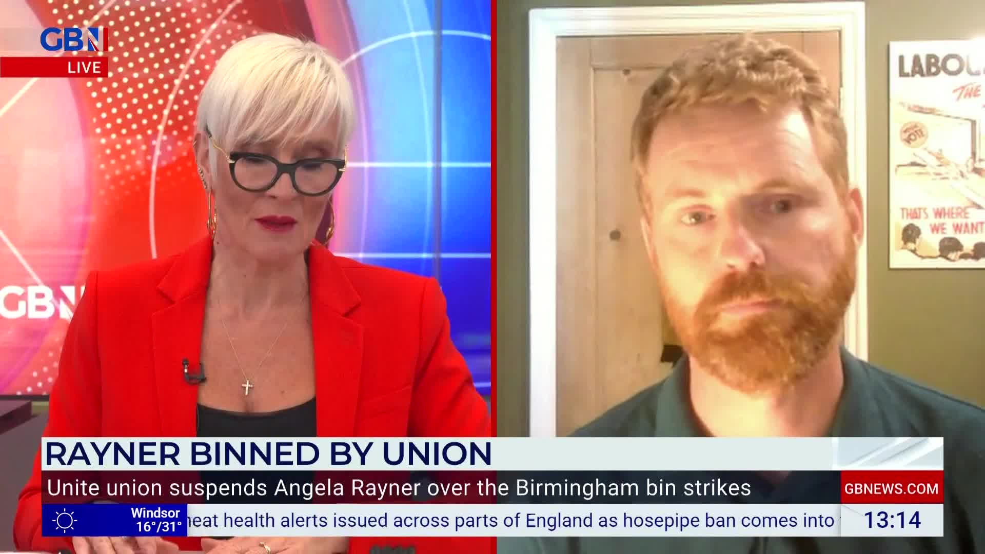 On GB News, a woman in a bright red jacket and glasses is speaking, while a man with a red beard appears on the screen next to her. A headline about Angela Rayner and a union dominates the lower third of the screen.
