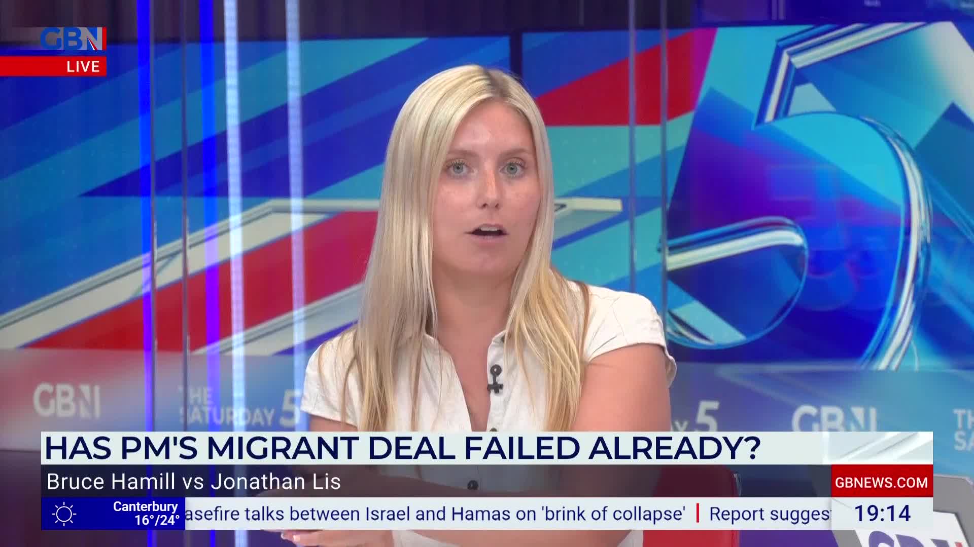 A woman with long blonde hair is speaking directly to the camera, her expression serious. The GB News logo is visible in the corner, and the on-screen text poses a question about a migrant deal.
