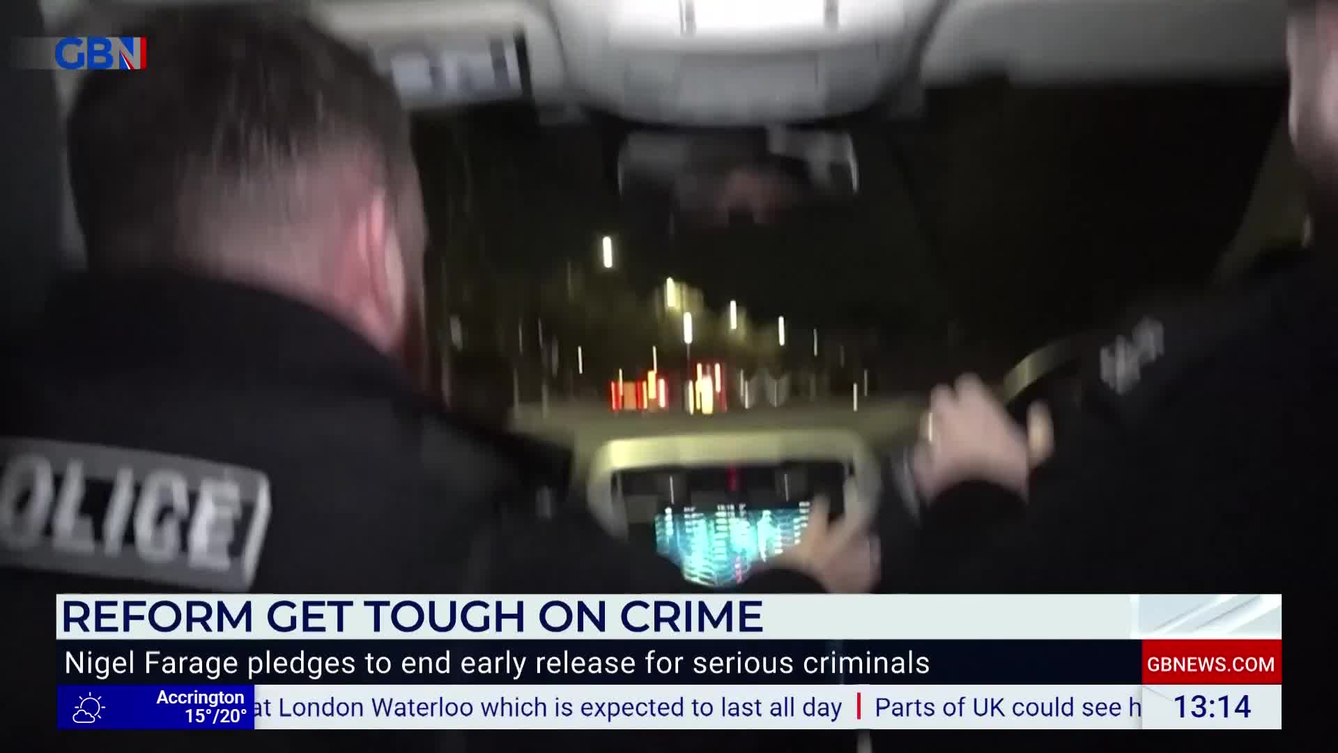 Two police officers are in a car, the lights of other vehicles streaking past. A GB News graphic at the bottom of the screen announces a story about crime reform.
