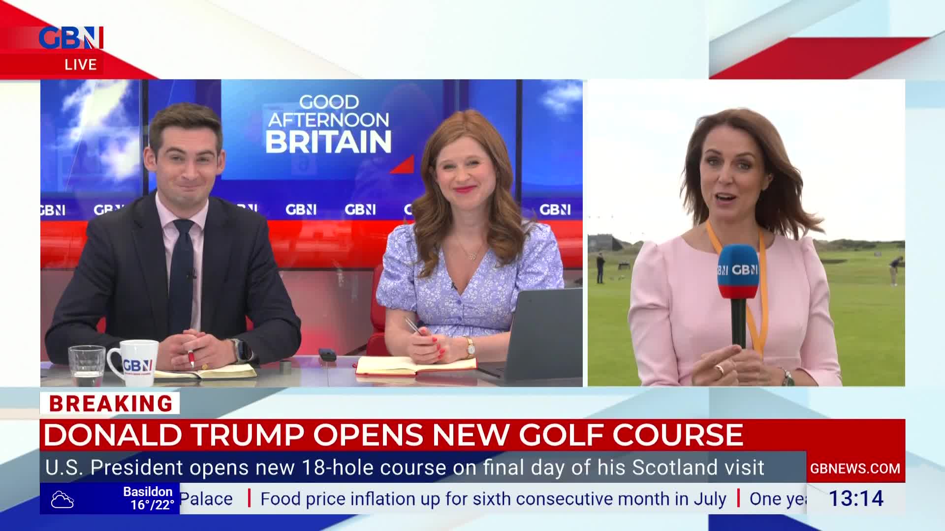 On GB News, a presenter in a pink dress is reporting live from a golf course in Scotland. Behind her, a couple of people are playing golf in the distance.
