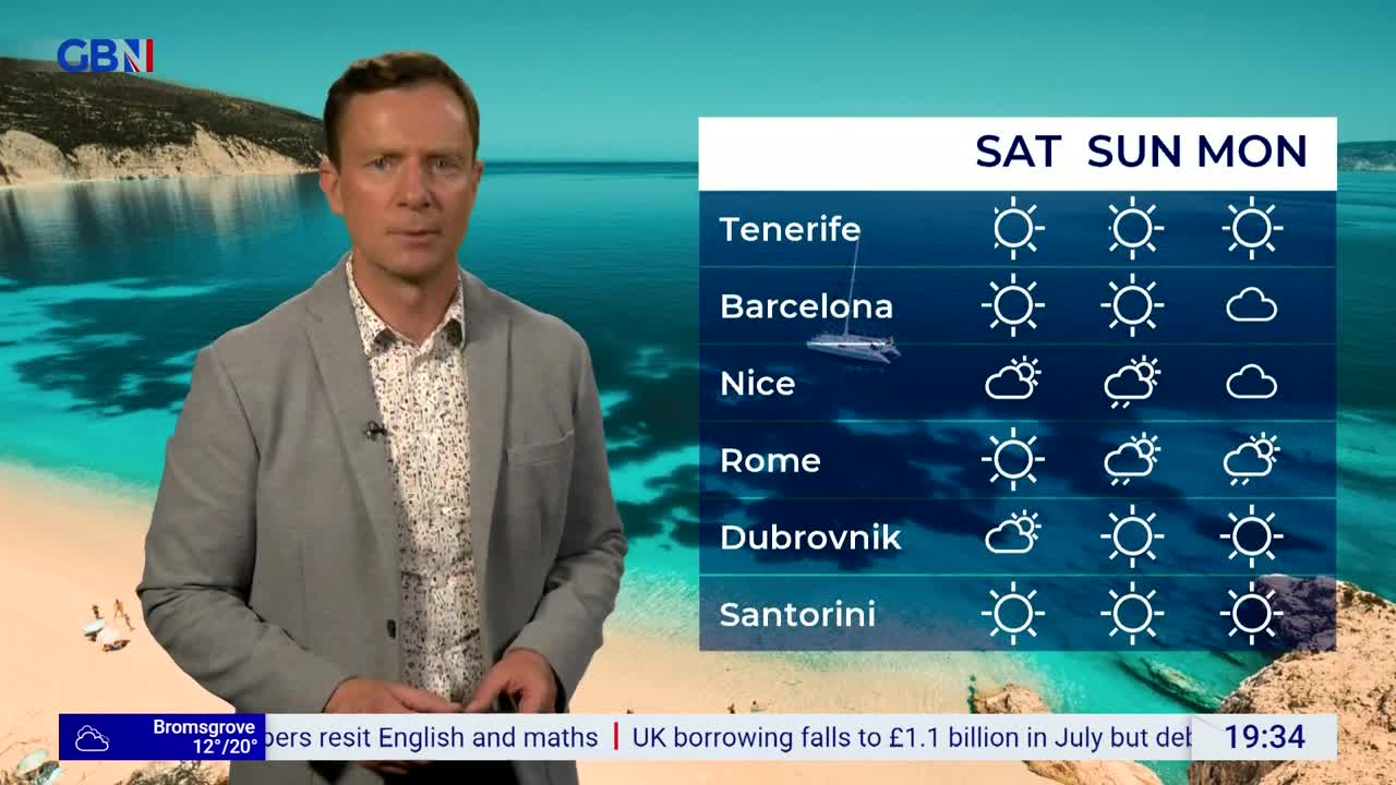 A man in a light jacket stands in front of a beach backdrop, delivering the weather forecast on GB News. The forecast shows sun and clouds for various European destinations.
