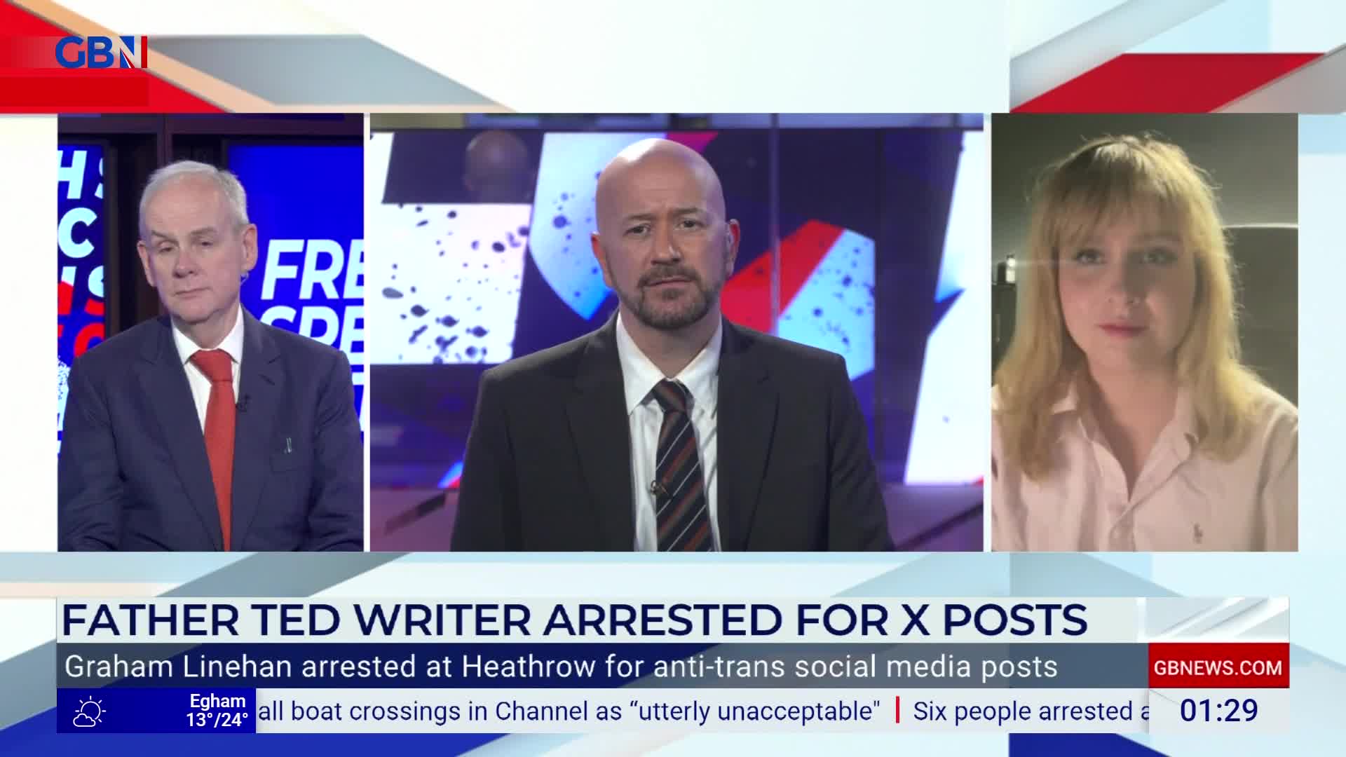 Three people are framed in separate boxes, each facing forward. The GB News graphic at the bottom of the screen reports on the arrest of a "Father Ted" writer.
