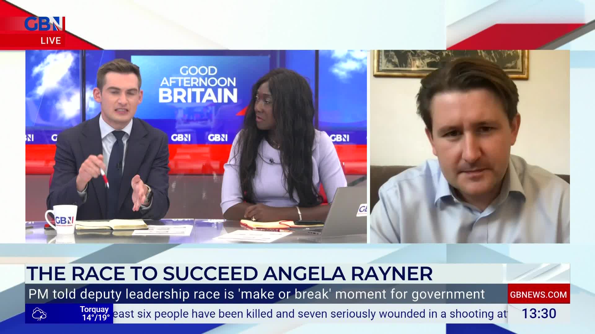 A man in a suit gestures with a pen, discussing the deputy leadership race on GB News. Across the screen, another man appears via video call, listening intently.
