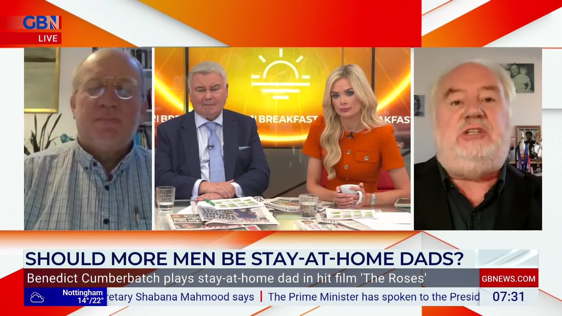 On GB News, a panel discusses whether more men should be stay-at-home dads. The host in the orange dress holds a mug while the man on the right gestures animatedly.
