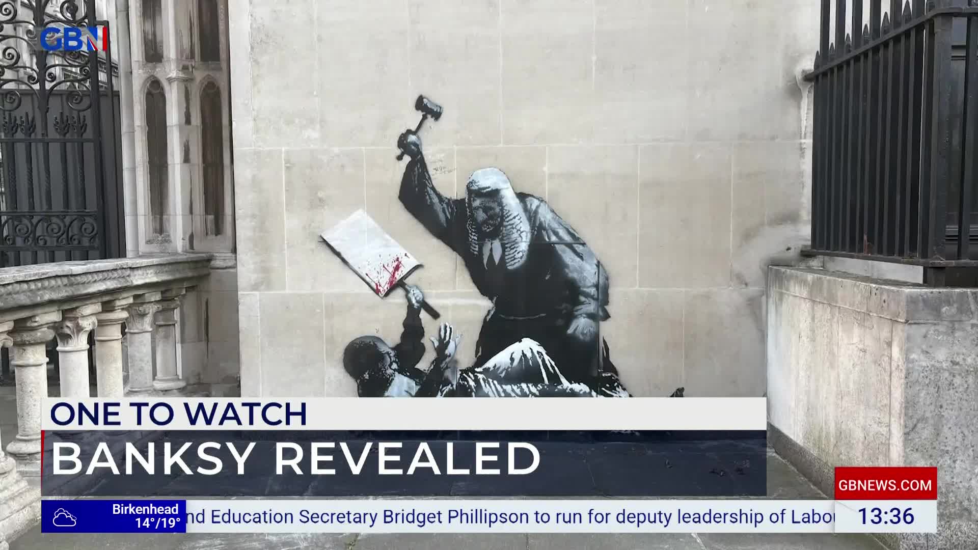 On the wall, a judge in a wig swings a gavel, while a figure lies beneath, holding a blood-stained paper. GB News is reporting on the Banksy artwork, which is painted on a building in the United Kingdom.
