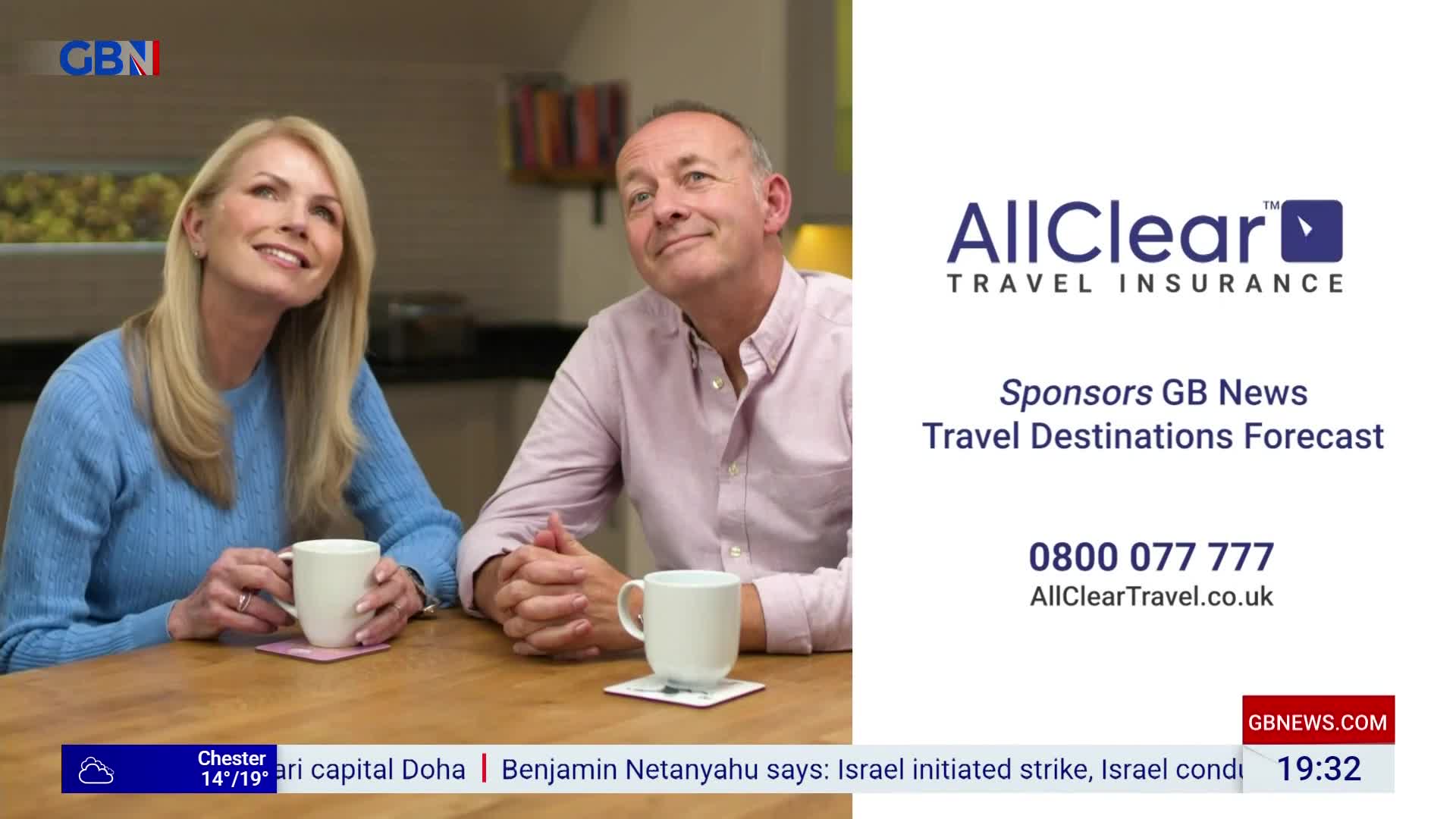 A couple sits at a table, mugs in hand, gazing upwards with smiles. The GB News screen displays an advertisement for travel insurance.
