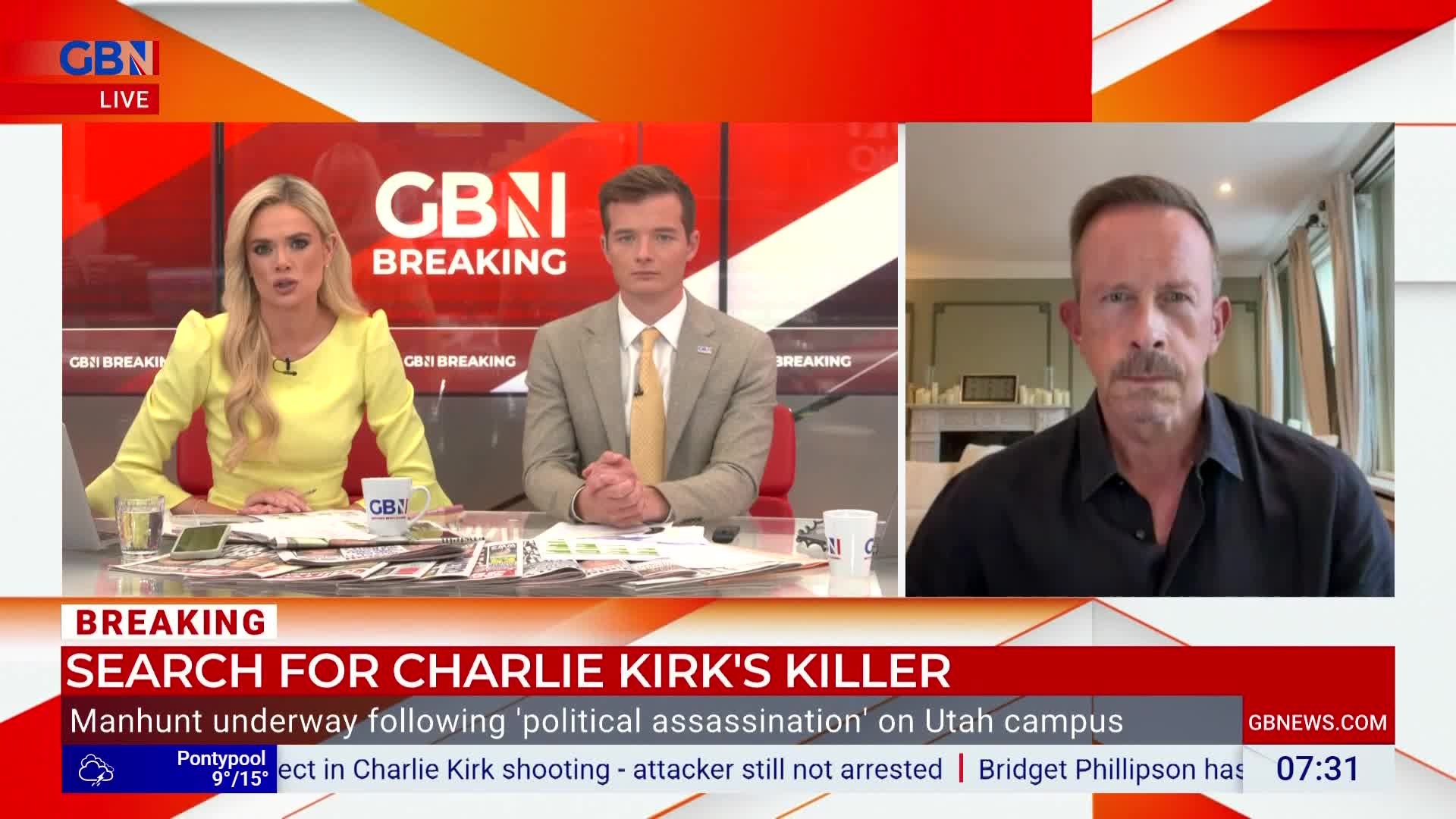 The GB News studio is set up with two presenters and a guest on screen. The man on the right, appearing via video call, is the focus of the segment.

