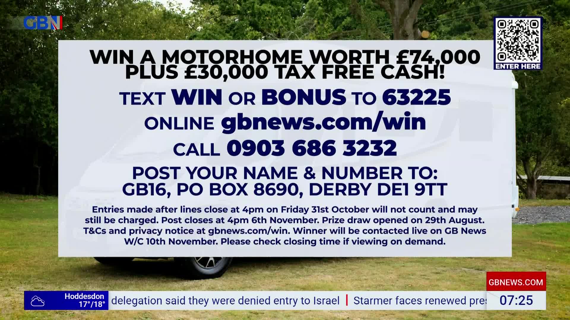 A white motorhome is parked on a grassy verge, with a GB News graphic superimposed over it. The screen advertises a competition to win the vehicle and cash.
