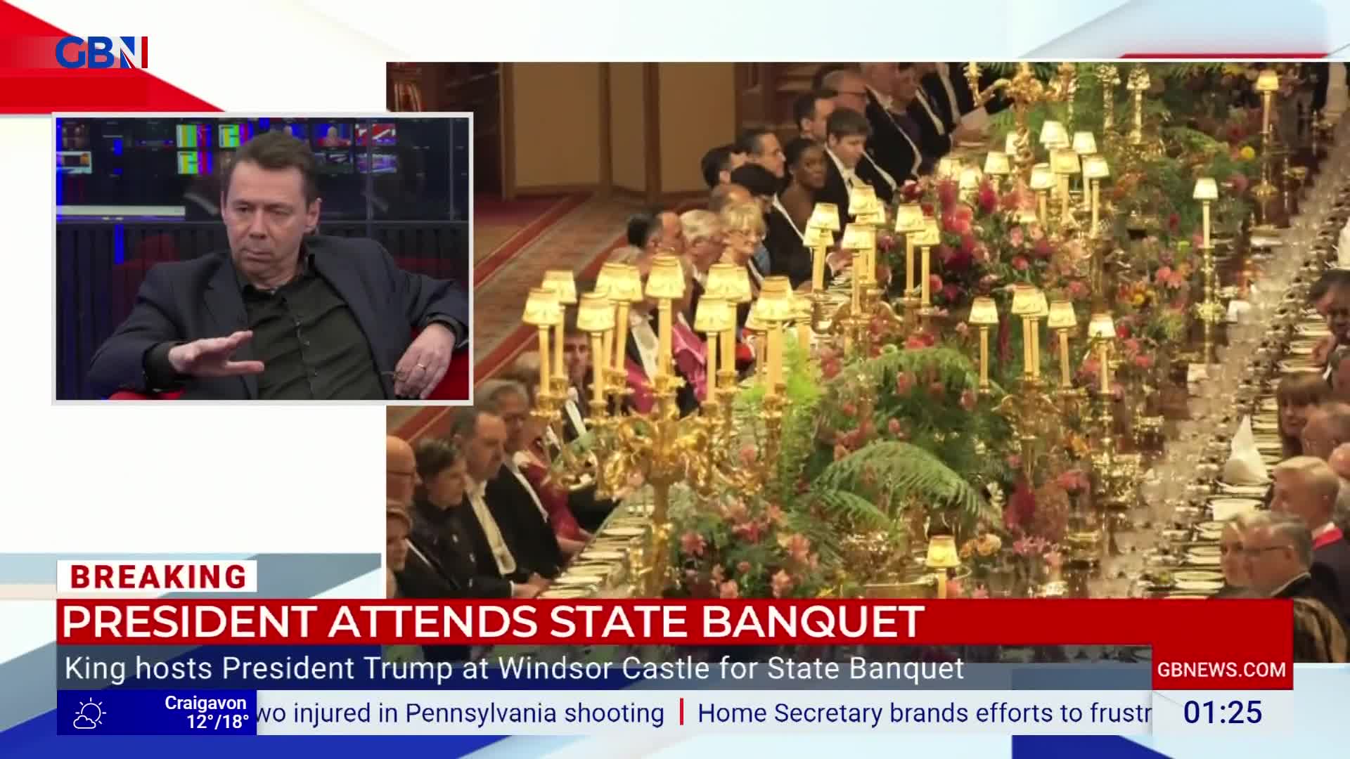 A man on GB News gestures while speaking, his image inset above a shot of a formal dinner. Long tables are set with ornate candelabras and floral arrangements, with guests seated on either side.
