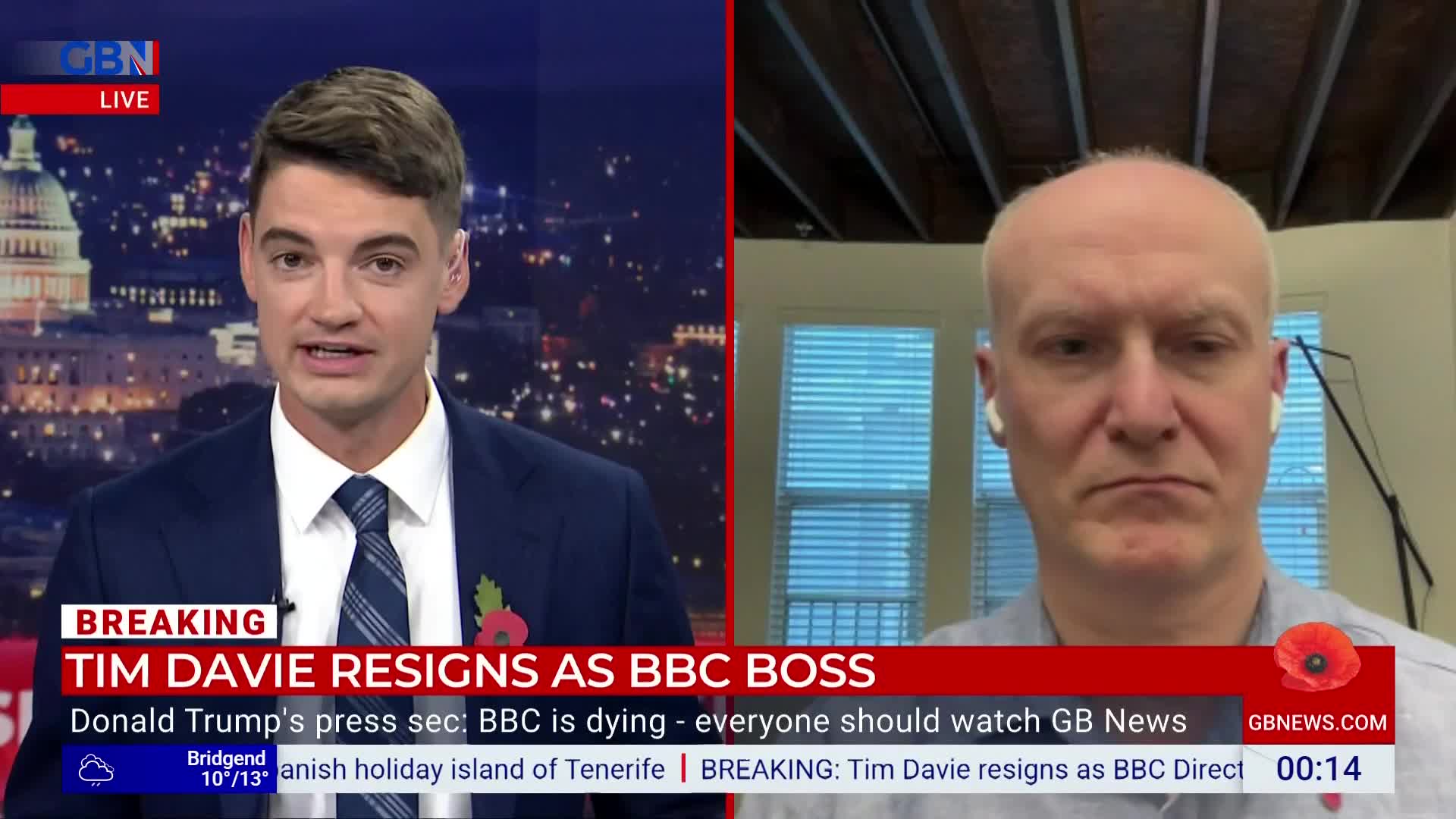 A GB News presenter in a suit speaks directly to the camera, while a man wearing earbuds appears on a split screen. The headline declares Tim Davie's resignation from the BBC.
A GB News presenter in a suit speaks directly to the camera, while a man wearing earbuds appears on a split screen. The headline declares Tim Davie's resignation from the BBC.