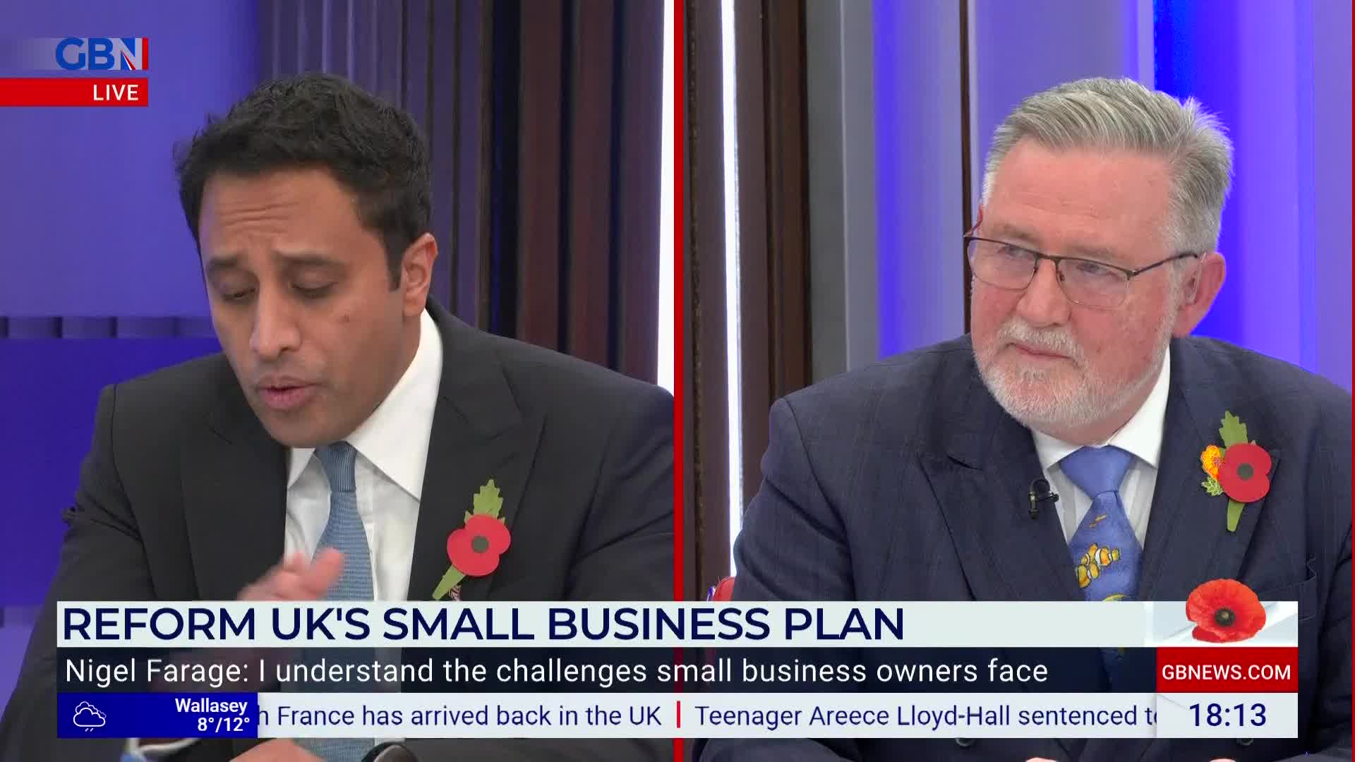 Two men in suits are seated, each wearing a Remembrance Day poppy. On GB News, the man on the left gestures with his hands as he speaks about reforming the UK's small business plan.
Two men in suits are seated, each wearing a Remembrance Day poppy. On GB News, the man on the left gestures with his hands as he speaks about reforming the UK's small business plan.