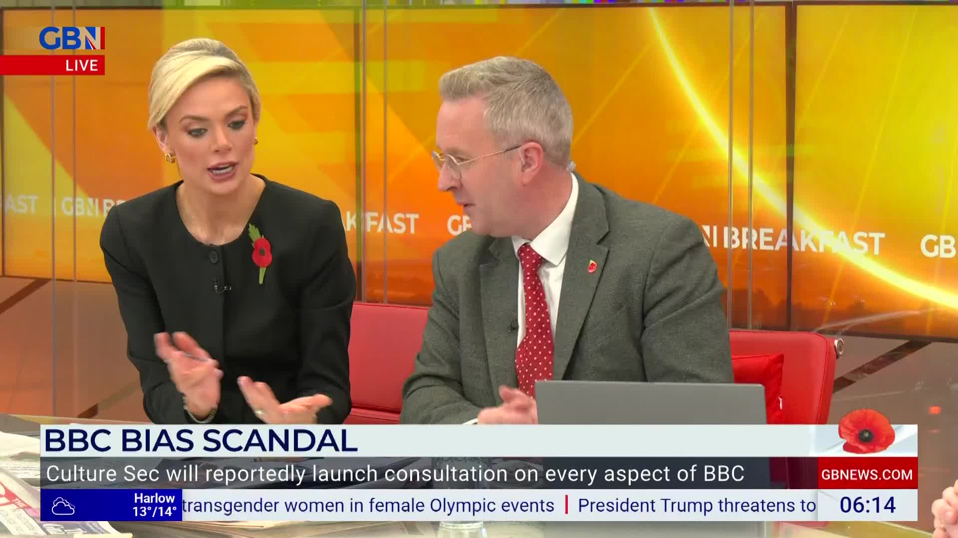On GB News, a woman in a black jacket gestures with both hands as she speaks. A man in a grey suit and red tie listens, leaning slightly towards her.
On GB News, a woman in a black jacket gestures with both hands as she speaks. A man in a grey suit and red tie listens, leaning slightly towards her.