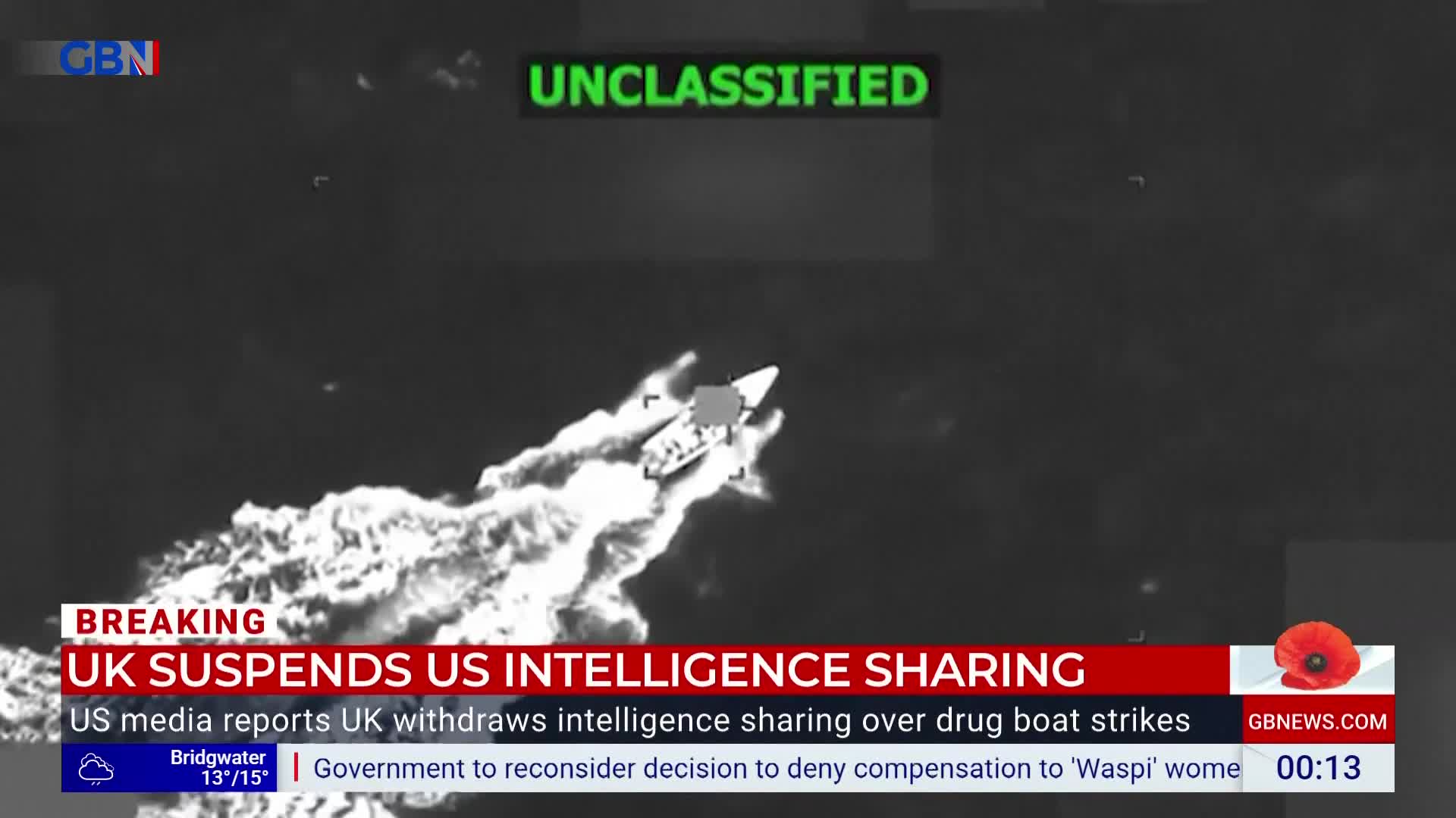 A boat cuts through the water, leaving a white wake behind it. The GB News graphic at the bottom of the screen reports on the United Kingdom suspending intelligence sharing with the United States.
A boat cuts through the water, leaving a white wake behind it. The GB News graphic at the bottom of the screen reports on the United Kingdom suspending intelligence sharing with the United States.