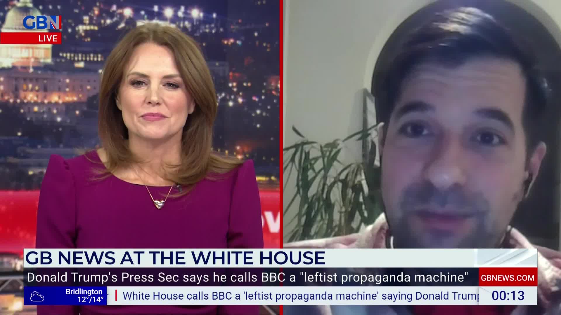 A GB News presenter in a magenta dress smiles at the camera, while a man in a patterned shirt appears on the screen to her right. The lower third of the screen states that the White House is calling the BBC a leftist propaganda machine.
A GB News presenter in a magenta dress smiles at the camera, while a man in a patterned shirt appears on the screen to her right. The lower third of the screen states that the White House is calling the BBC a leftist propaganda machine.