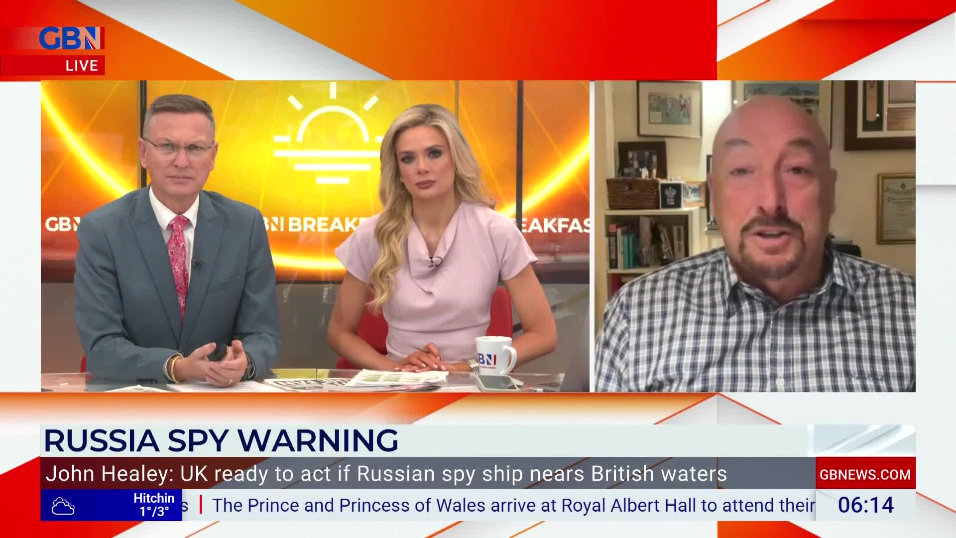 On GB News, two presenters sit at a desk, while a man in a checkered shirt speaks from a remote location. The chyron reads "Russia Spy Warning," with a headline about the UK.
