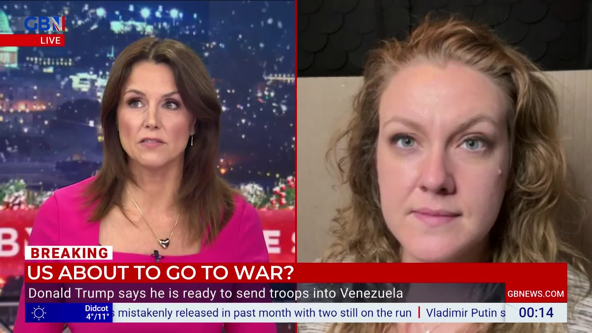 On GB News, a presenter in a bright pink top is speaking, while a woman with curly blonde hair appears on a split screen. The headline warns of potential war, as the news report from the United Kingdom continues.
On GB News, a presenter in a bright pink top is speaking, while a woman with curly blonde hair appears on a split screen. The headline warns of potential war, as the news report from the United Kingdom continues.