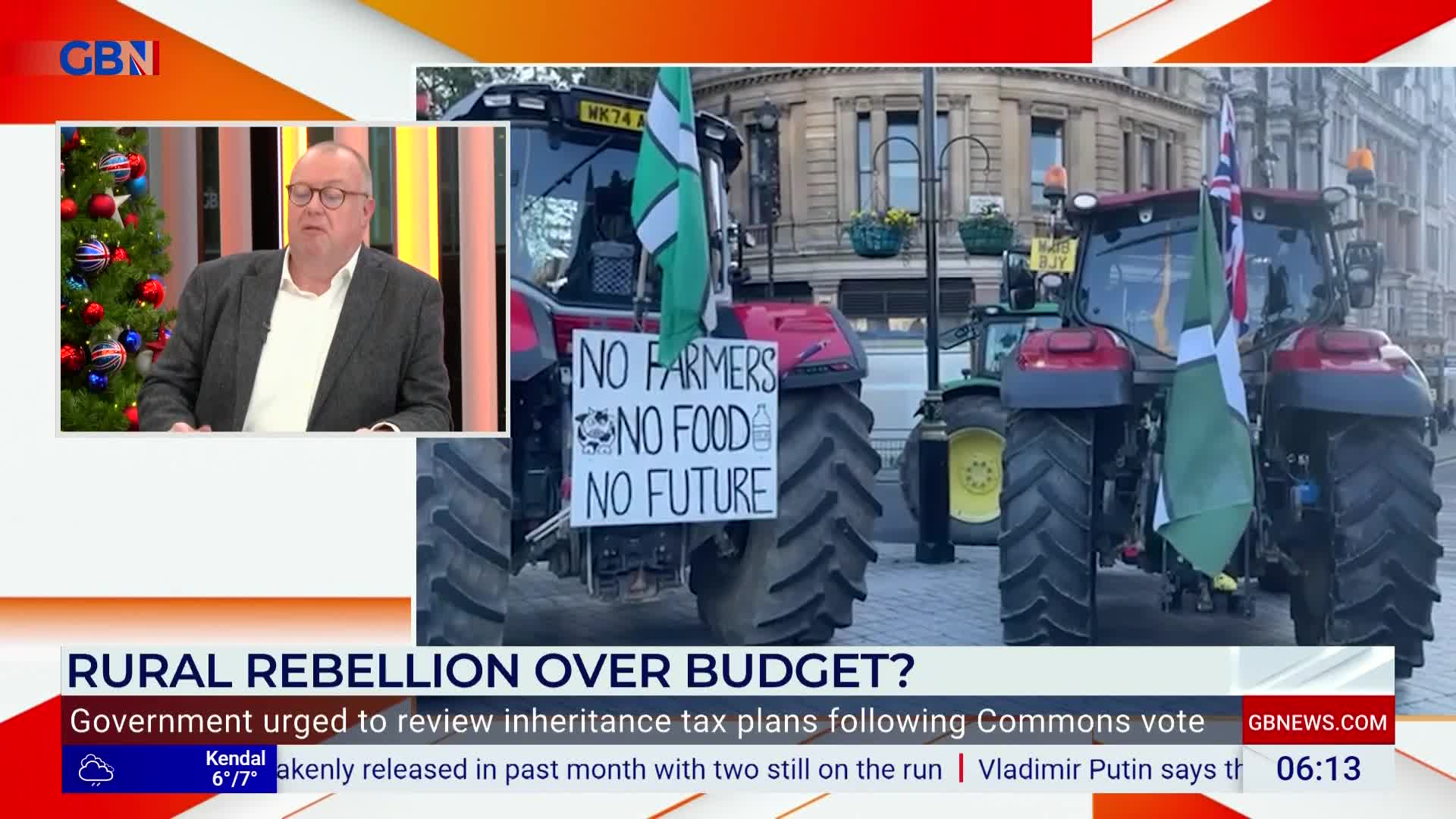 Tractors with protest signs and flags are parked in a row, with "No Farmers, No Food, No Future" clearly visible. Simultaneously, a GB News presenter discusses the rural rebellion, providing context to the scene.
Tractors with protest signs and flags are parked in a row, with "No Farmers, No Food, No Future" clearly visible. Simultaneously, a GB News presenter discusses the rural rebellion, providing context to the scene.