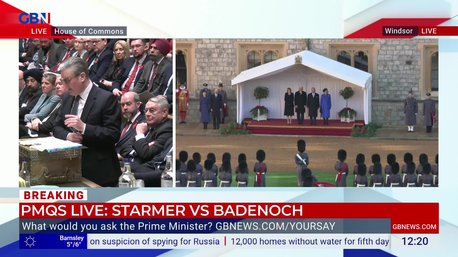 In the House of Commons, a man in a suit speaks at a lectern. Meanwhile, at Windsor, a group of people stand on a red-carpeted platform under a white canopy, with a line of guards at attention below.
In the House of Commons, a man in a suit speaks at a lectern. Meanwhile, at Windsor, a group of people stand on a red-carpeted platform under a white canopy, with a line of guards at attention below.