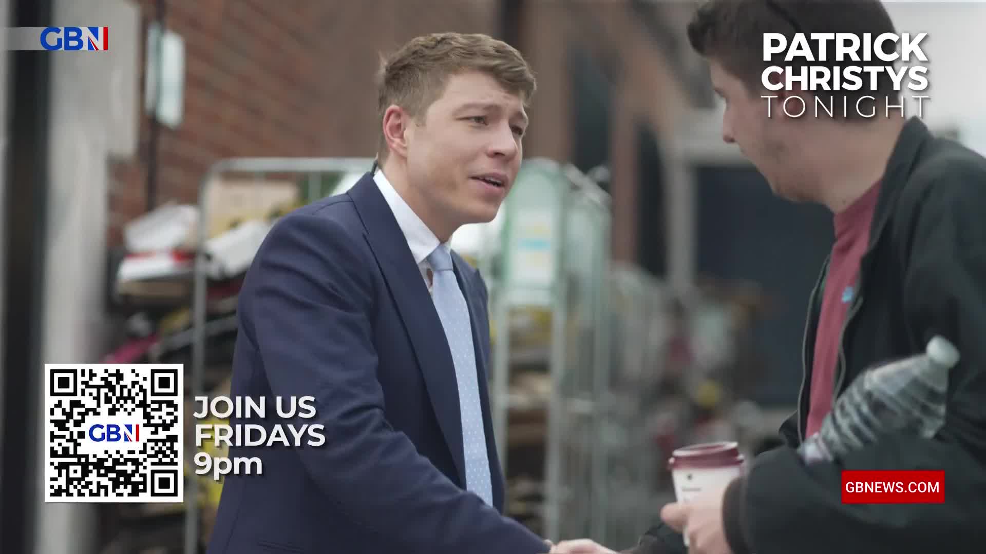 A man in a suit shakes hands with another, who holds a coffee cup. The GB News logo is in the corner, and the show "Patrick Christys Tonight" is advertised.
A man in a suit shakes hands with another, who holds a coffee cup. The GB News logo is in the corner, and the show "Patrick Christys Tonight" is advertised.