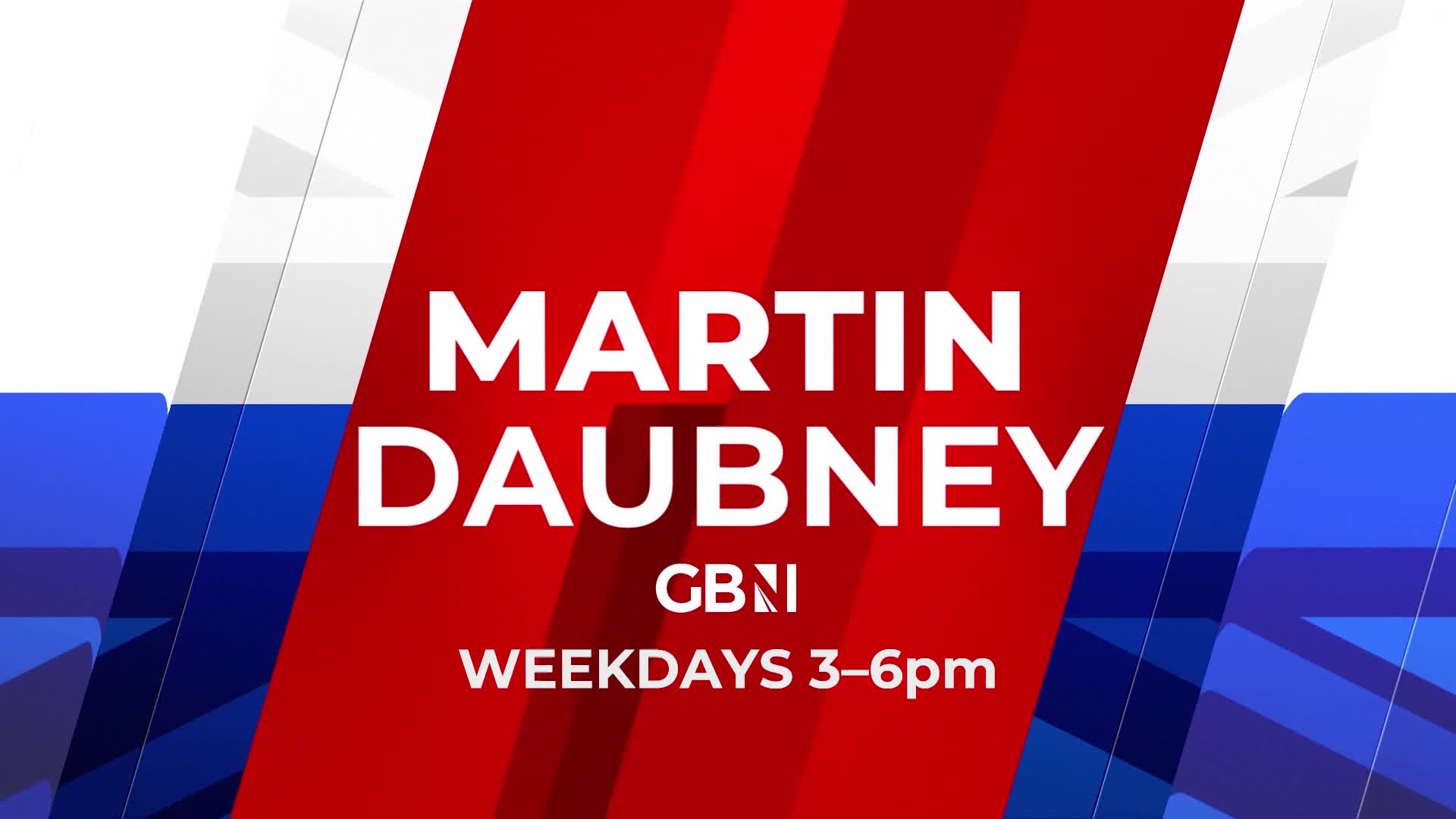 Bold white text announces "MARTIN DAUBNEY" across a background of red and blue geometric shapes. Below that, "GBNI" and "WEEKDAYS 3-6pm" are displayed, suggesting a broadcast schedule.