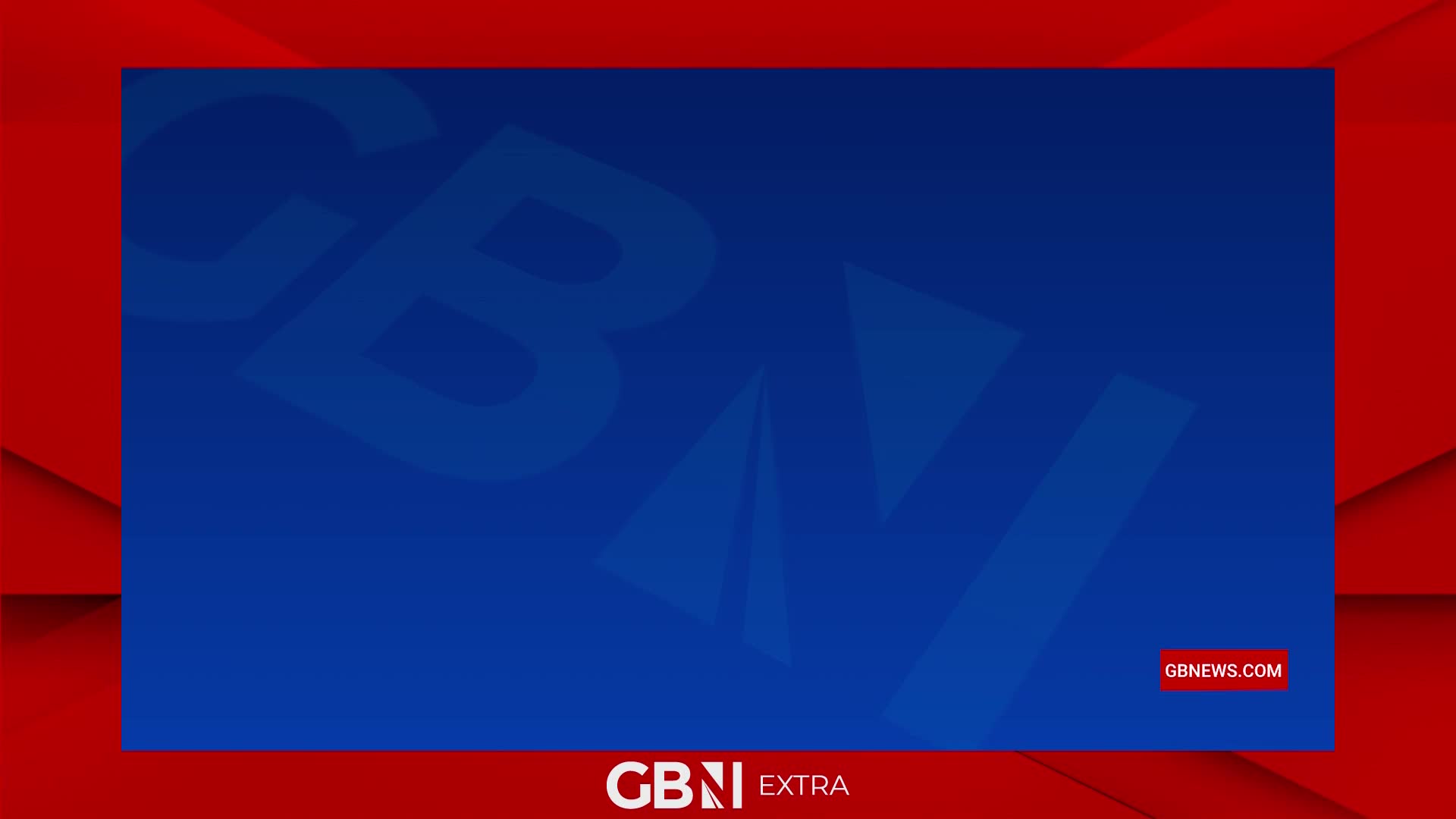 A large, faded "GB" logo dominates the blue screen. The GB News logo appears in the bottom right corner, with "GBNEWS.COM" written in red.